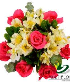 Seven dark pink Roses & Alstroemerias